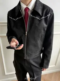 LostMyself 复古仿牛绒翻领麂皮绒高级感垫肩西部雕花夹克外套