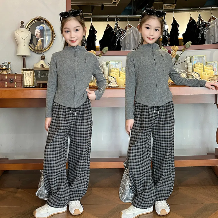 女童2025新款休闲套装秋装洋气中大儿童格子拉链卫衣阔腿裤两件套