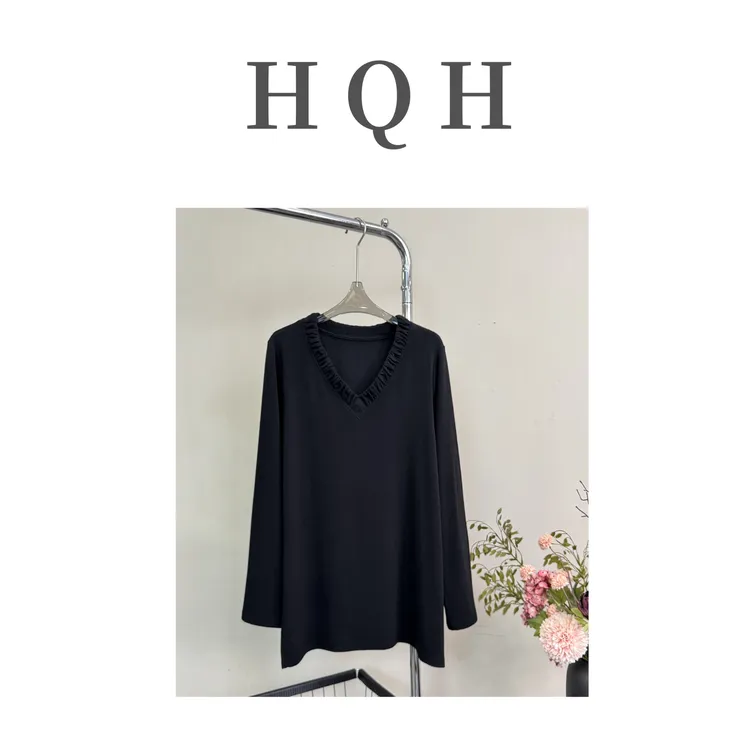 『1425#』复古港风显瘦褶皱边V领时尚宽松纯色磨毛百搭长袖上衣T恤