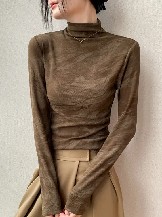 半高领扎染长袖T恤2025秋季新款修身女士加大打底上衣内搭双十一