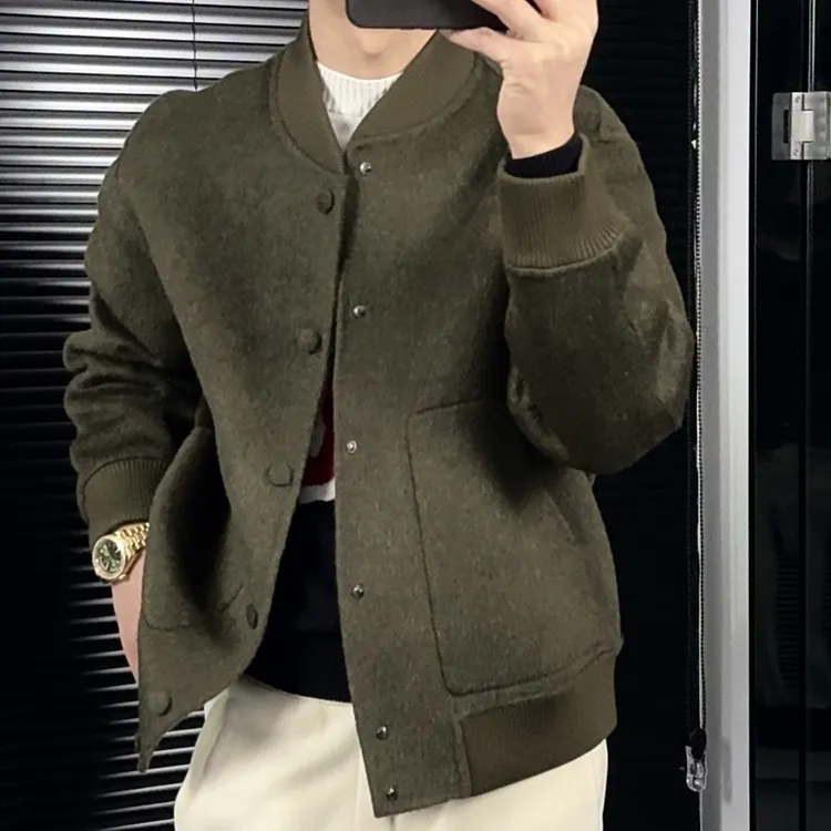 冬季棒球领（羊毛牦牛绒桑蚕丝）秋冬大衣双面冬季休闲纯色韩版时尚