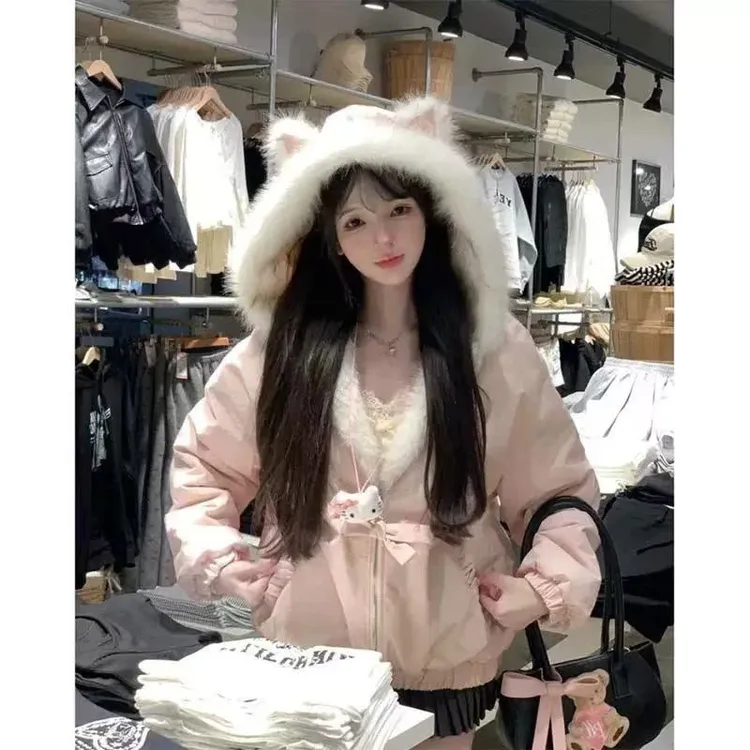 甜美可爱连帽外套女冬季新款毛毛双面两穿拼接设计感加厚保暖棉服