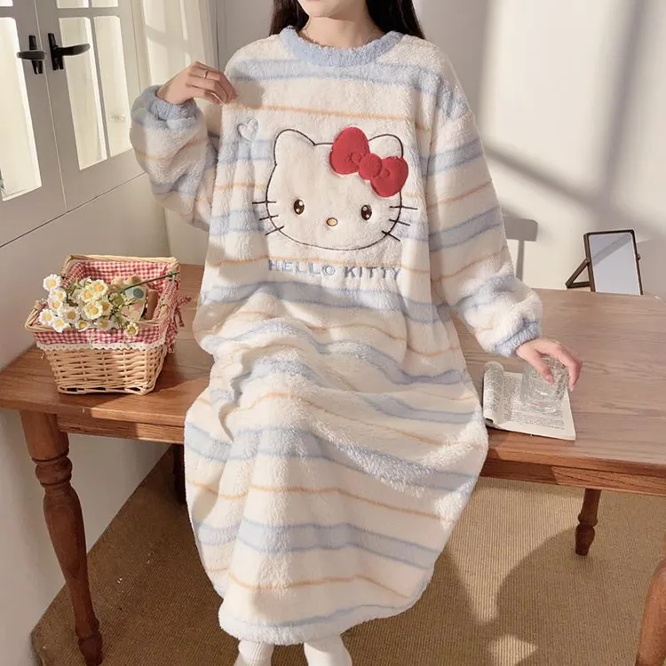 特大码珊瑚绒睡裙女秋冬季条纹卡通长裙胖mm200斤宽松加厚睡衣裙