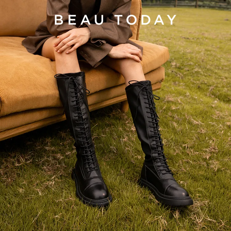 BeauToday软皮轻奢高筒真皮小个子长筒靴女骑士靴显脚小靴子增高