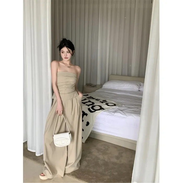 设计感辣妹纯色褶皱抹胸背心上衣女夏季垂感休闲拖地裤长裤两件套