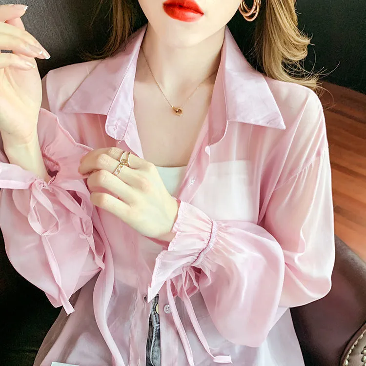 雪纺防晒衬衫女薄款夏季外搭开衫2025年新款蝴蝶结休闲长袖防晒衣