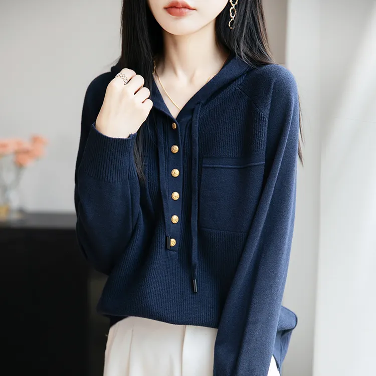 春秋大码连帽卫衣女宽松遮肚子显瘦针织上衣时尚百搭洋气打底毛衣