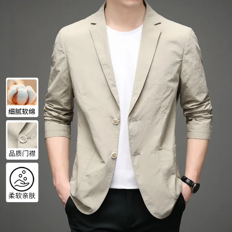 春秋季新款休闲西装男棉感透气西服单层商务便西韩版薄款中年外套