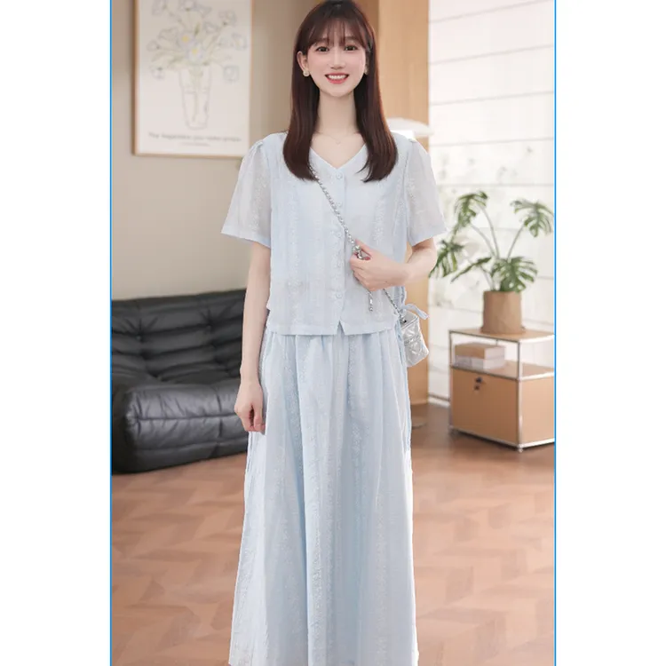 L5436【珂珂】2025夏季新法式高级感气质V领收腰系带短袖衬衫半身裙