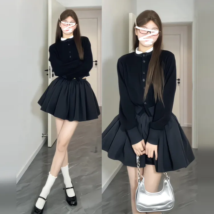 小香风miu系千金感穿搭一整套2025新款连衣裙子女早秋季黑色短裙