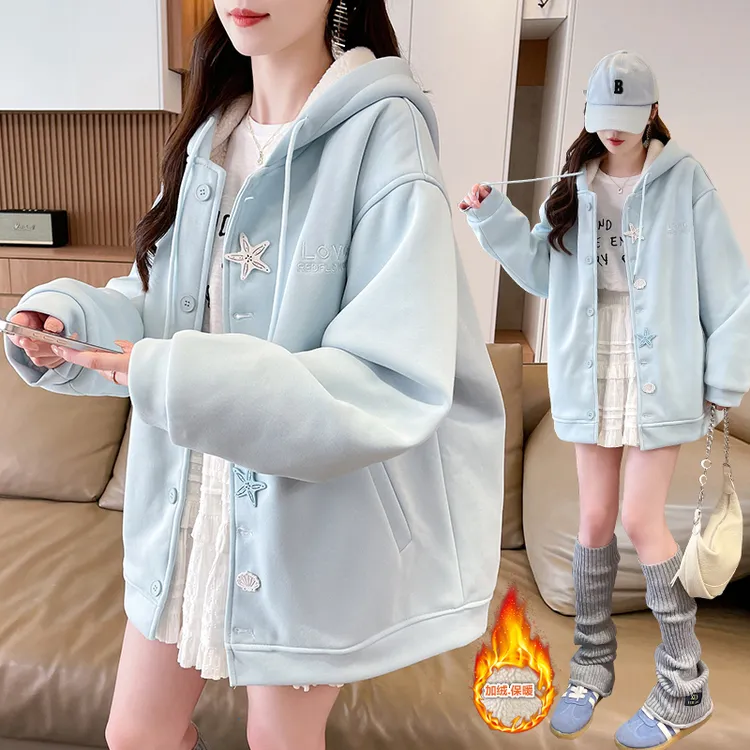 少女加绒加厚连帽卫衣2025秋冬新款初高中学生设计感保暖棉服外套