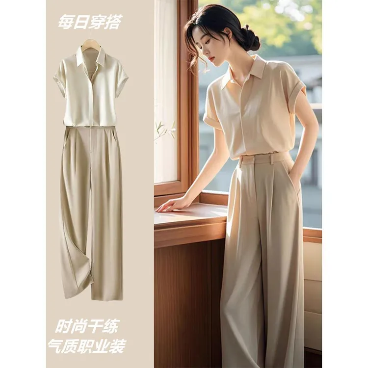 奥莱折扣店大牌清仓通勤时尚两件套女高级感职业衬衫短袖长裤套装