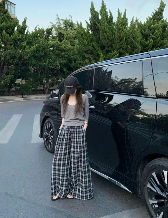 洋气休闲时尚套装女夏季2025新款韩系穿搭上衣格子阔腿裤两件套