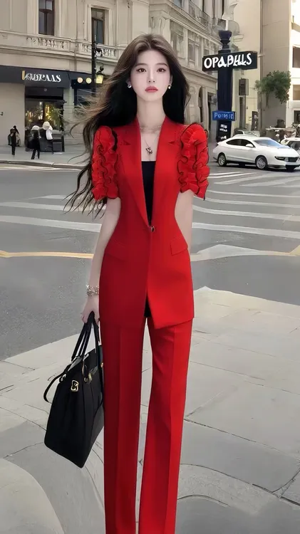 新款时尚通勤风红色V领短袖修身外套+红色百搭显瘦长裤氛围感套装