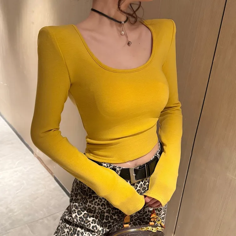 （现货+9个色）~带垫肩 纯欲U领长袖t恤打底衫女2025秋辣妹修身上衣