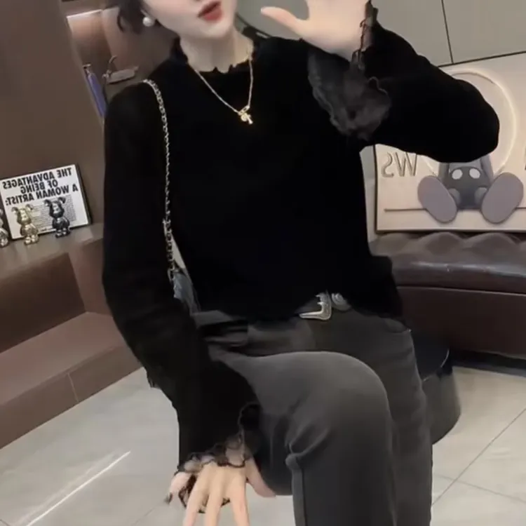 女丝绒蕾丝长袖欧式立体装饰常规T恤半高领时尚显瘦秋冬