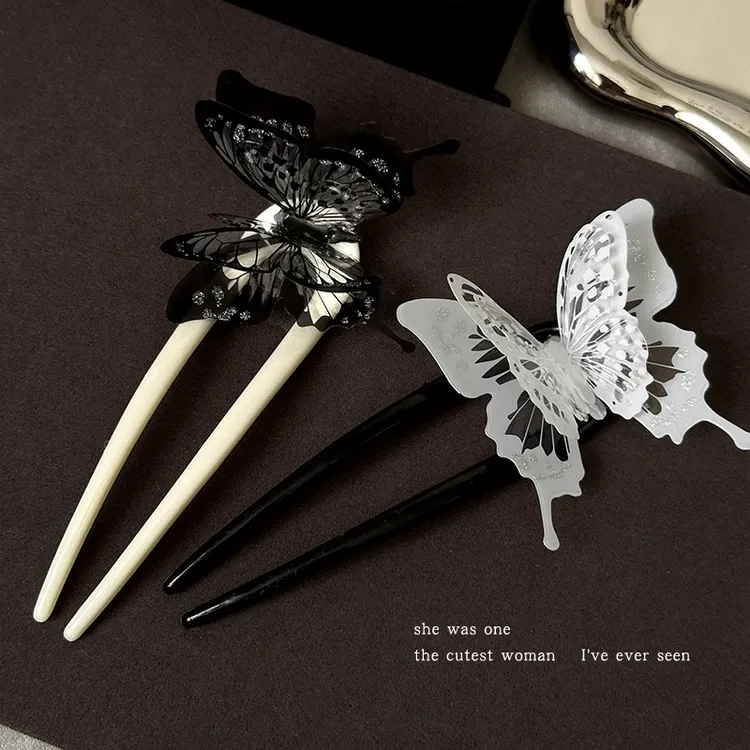 新中式水墨蝴蝶u型发簪女高级感超仙古风盘发簪子马面裙配饰发钗