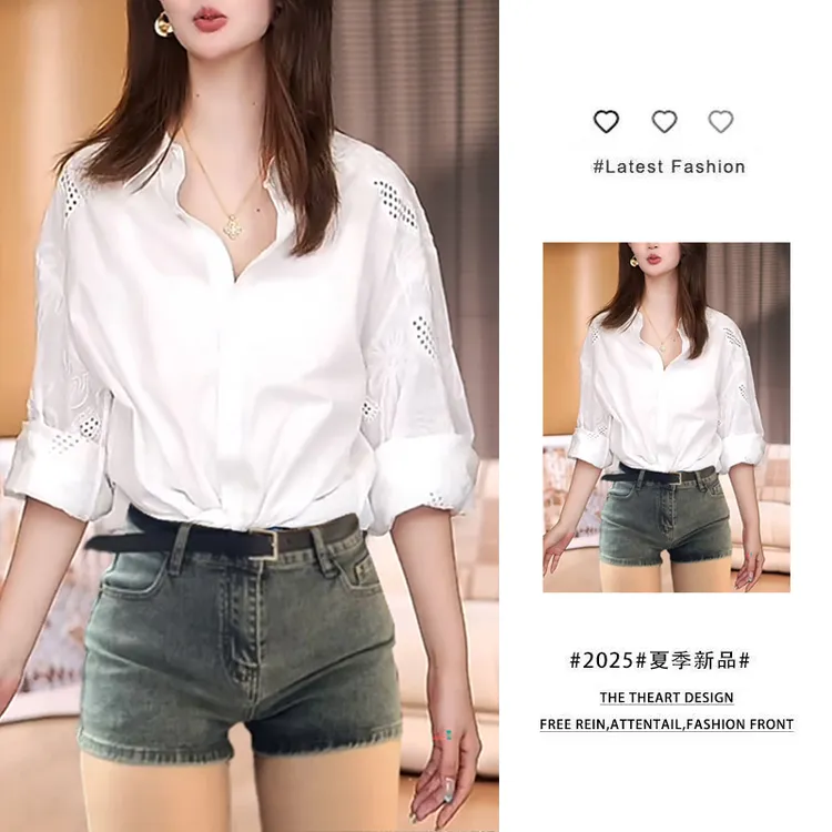 韩系穿搭2025夏季新款设计感镂空长袖衬衫显瘦修身牛仔短裤两件套