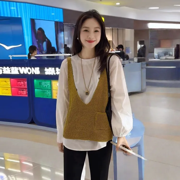 秋季套装女长袖白色衬衫叠穿针织马甲背心上衣