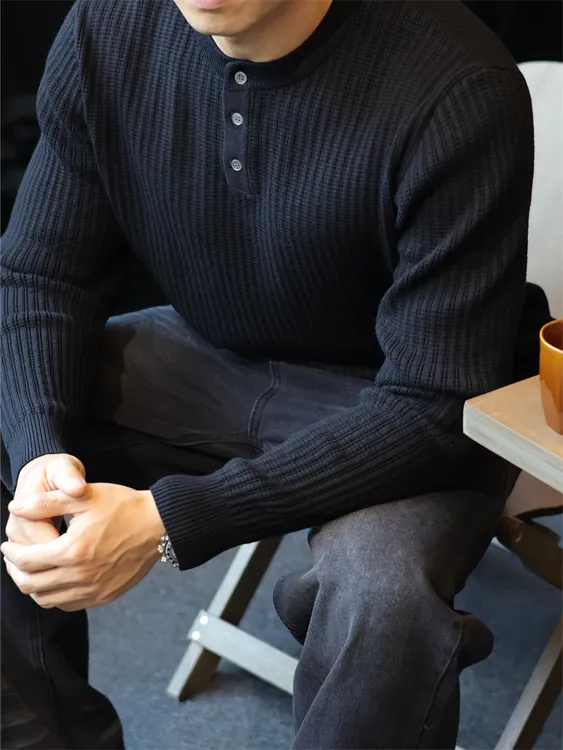 简素Design复古肌理长袖亨利针织衫男毛衣老钱休闲简约通勤上衣秋