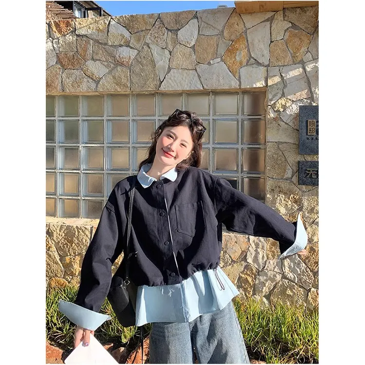 特大码300斤藏蓝色假两件衬衫拼接短外套女2025秋季新款休闲上衣
