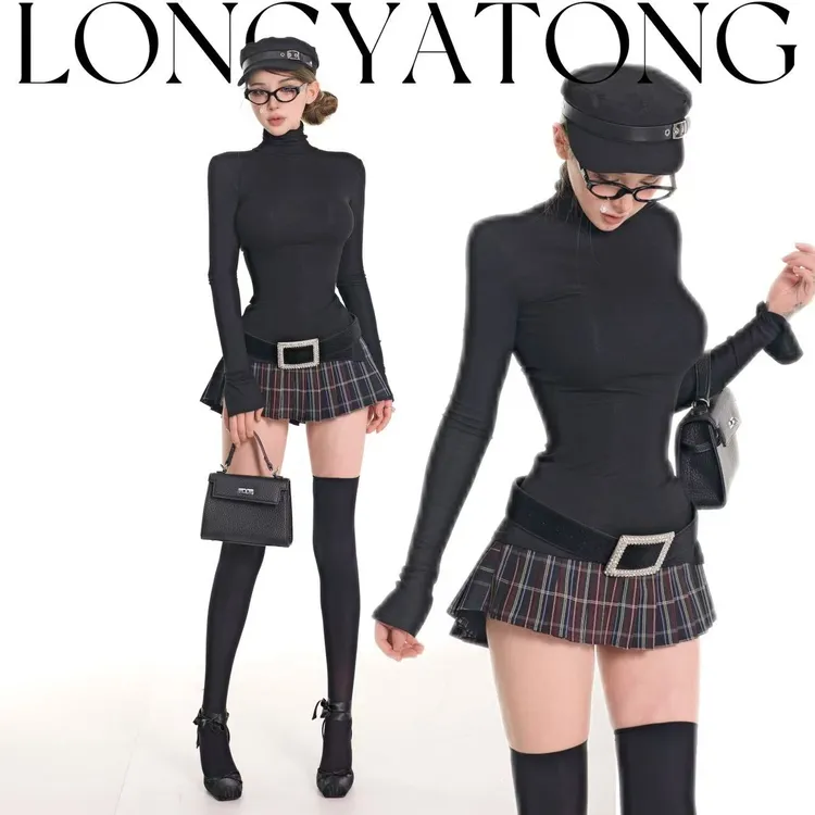 龙牙童推荐【格兰物语】秋季欧美纯欲风女士长袖套装短裙高领打底t