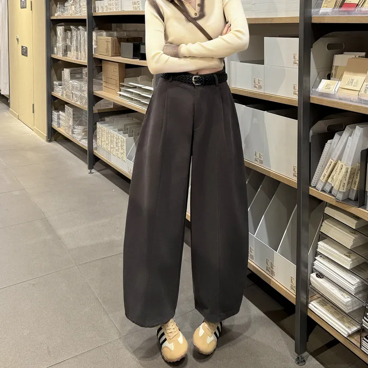 高腰宽松垂感气球裤小个子休闲阔腿裤女直筒弯刀裤秋季新款灯笼裤