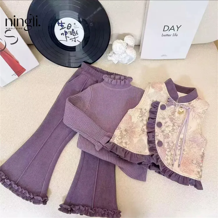 潮走潮走2025女童女童中式套装冬季新款国风马甲儿童加绒三件