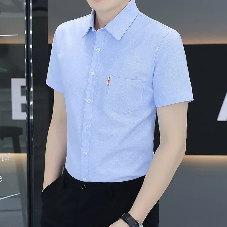 牛津纺夏季男士短袖衬衫口袋纯色潮流男装衬衣男休闲衬衫男M-4xl