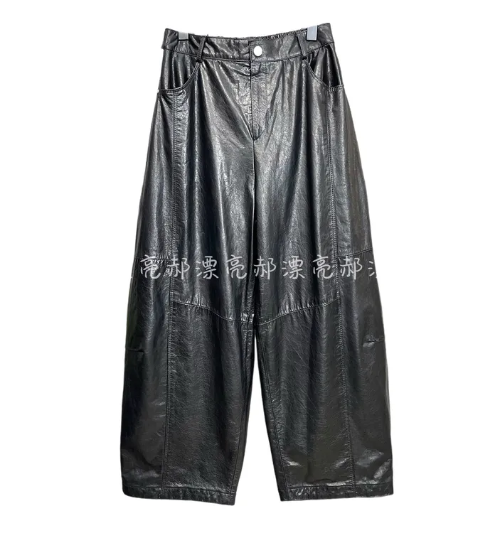秋冬新款真皮牛皮休闲弯刀裤九分直筒女士皮裤阔腿裤显瘦小个子潮