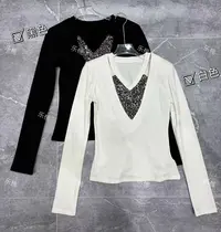 W-薄绒V领亮片假两件打底衫上衣#89408『乐桃家』
