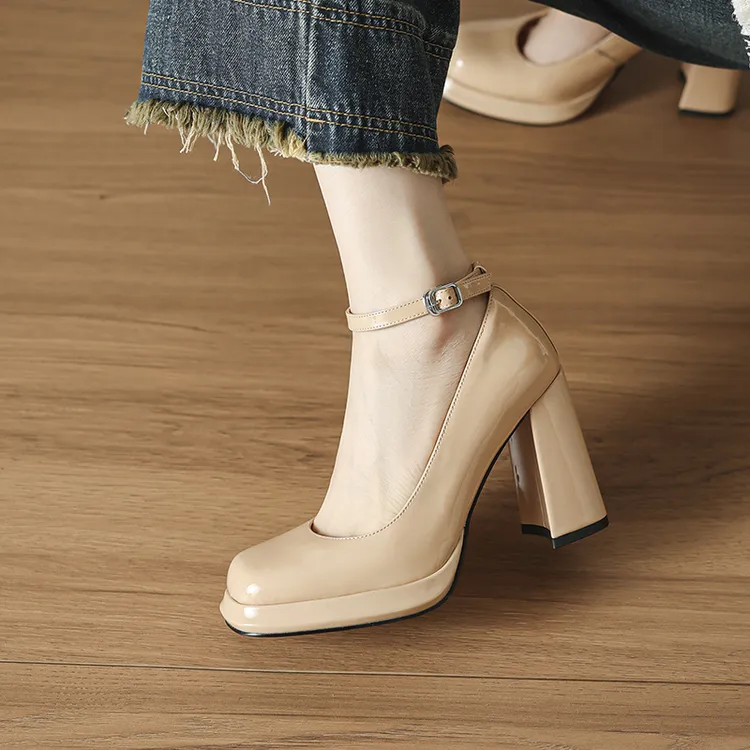 大码9.8cm粗跟一字扣浅口单鞋2026春季新款复古防水台气质高跟鞋