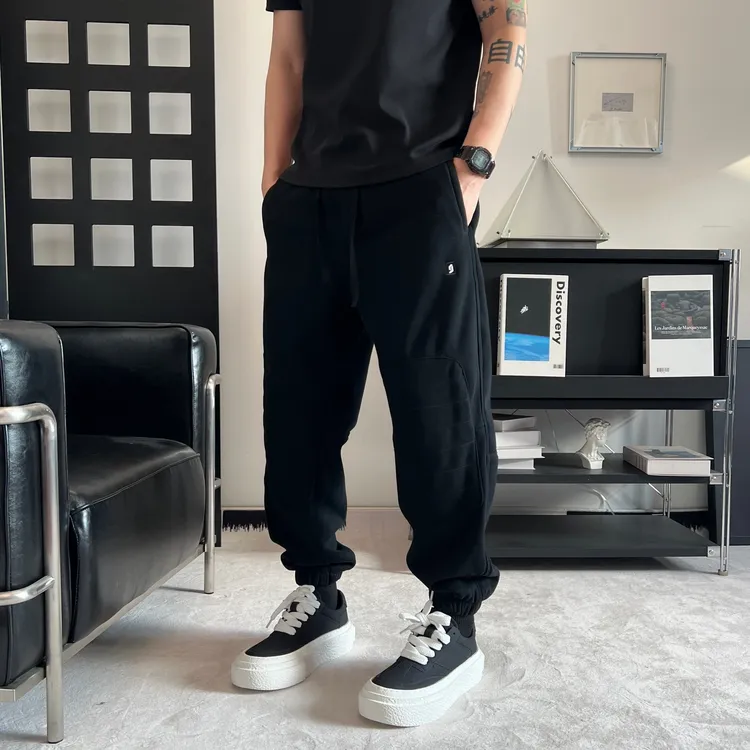 黑色解构设计束脚裤加绒卫裤男款2025秋冬休闲运动裤痞帅男潮裤子