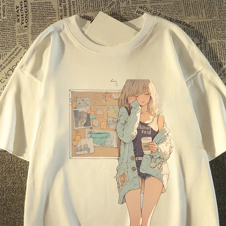 100%重磅纯棉短袖T恤男女同款青春艺术女孩夏上衣宽松男士半袖ZN1