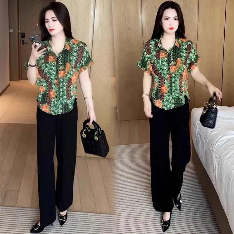 时尚印花短袖衬衫女2025夏季新款洋气大码宽松遮肉显瘦休闲上衣潮