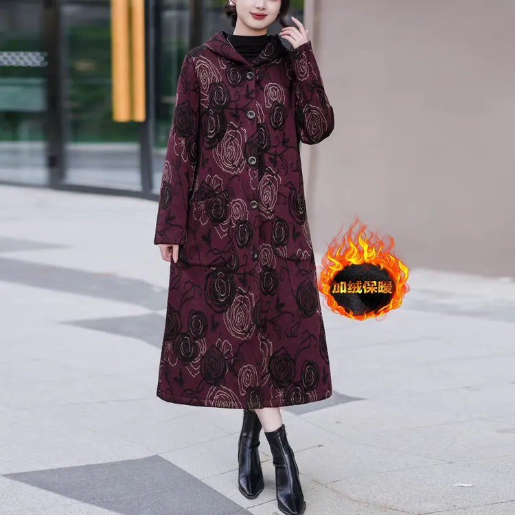 中老年妈妈加绒外套冬季新款连帽花色A版显瘦过膝长款保暖大衣女