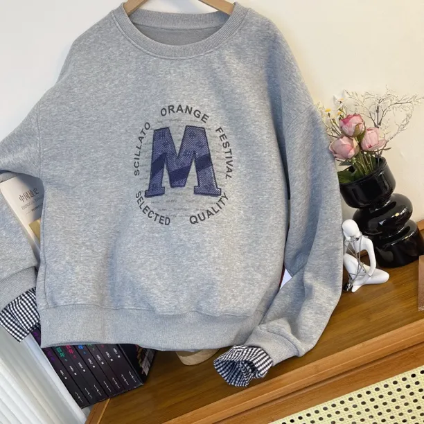 复古长袖圆领字母印花卫衣女秋冬加绒加厚韩版宽松时尚休闲百搭