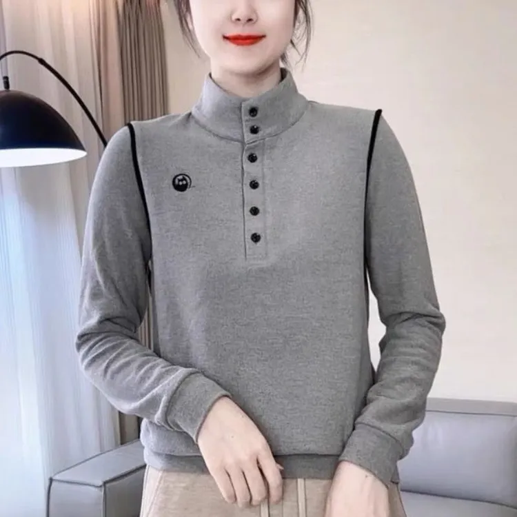 螺纹德绒2025新款秋季打底衫德绒妈妈装半高领拼接长袖T恤女上衣