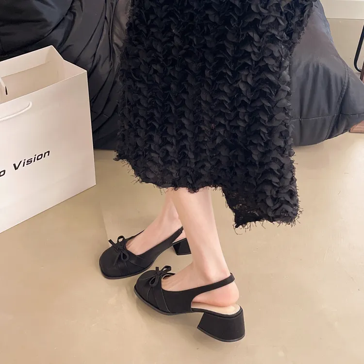 法式蝴蝶结包头凉鞋女2025新款夏季配裙子仙女风粗跟温柔玛丽珍鞋