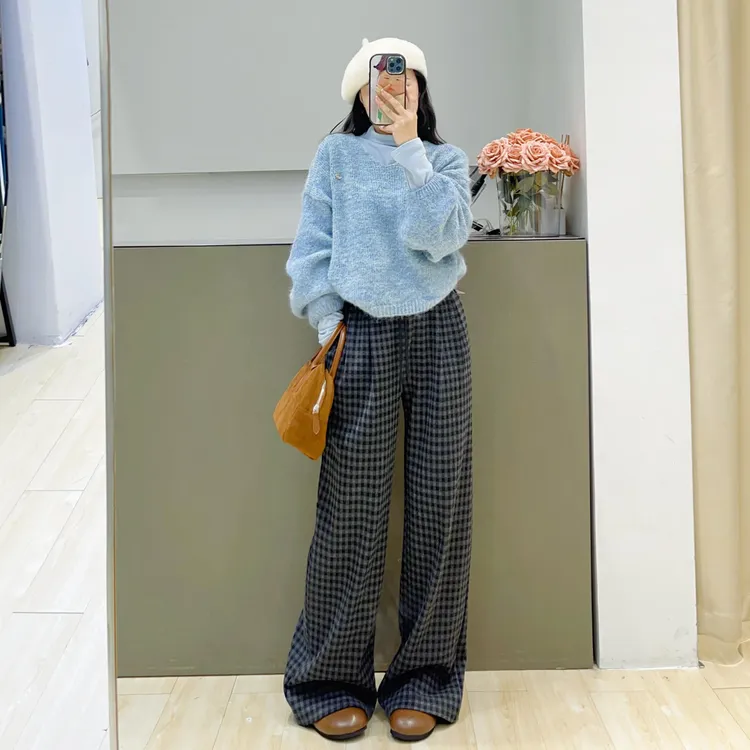 蓝灰格子休闲裤女秋冬季加绒加厚大码胖mm宽松显瘦慵懒垂感阔腿裤