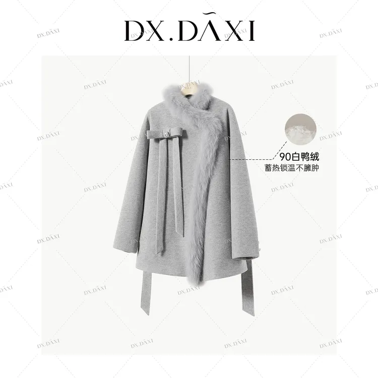 代大喜【月光变奏曲】狐狸毛领90鸭绒夹绒呢子大衣冬季加绒保暖外套