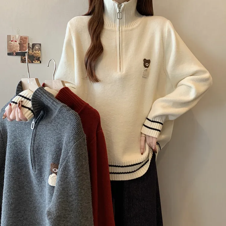 冬装新款胖mm学院风减龄卡通小熊毛衣半高领针织长袖上衣71828