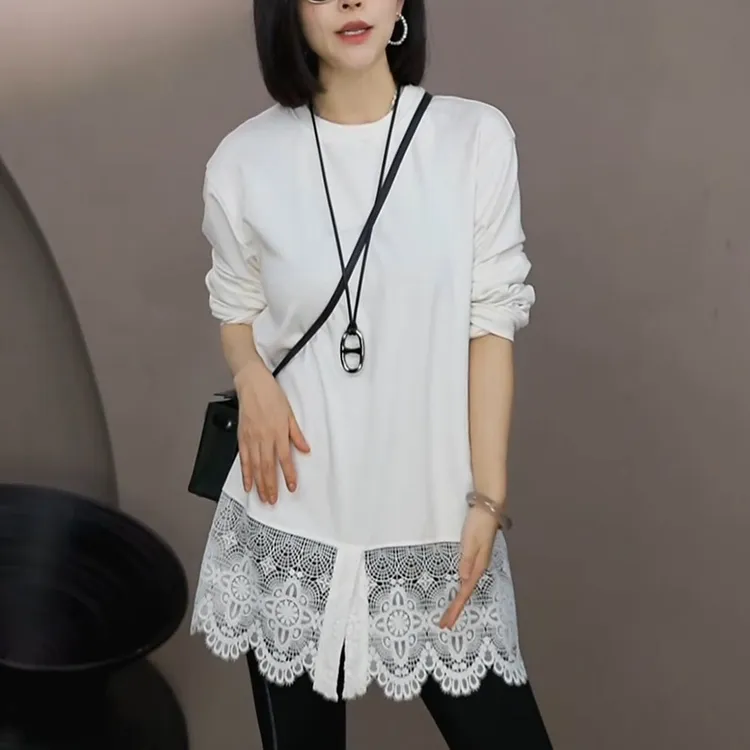 中长款白色蕾丝T恤女2025新款早秋宽松显瘦内搭遮屁股打底衫上衣