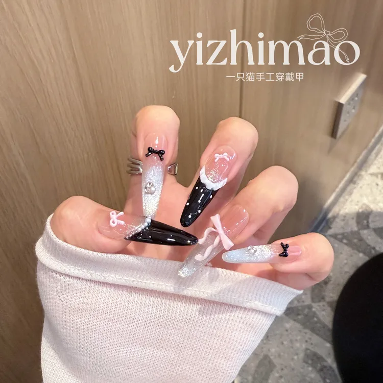 【甜心暴击】一只猫·miu系甜美芭蕾风法式珍珠裙摆爆闪猫眼穿戴甲