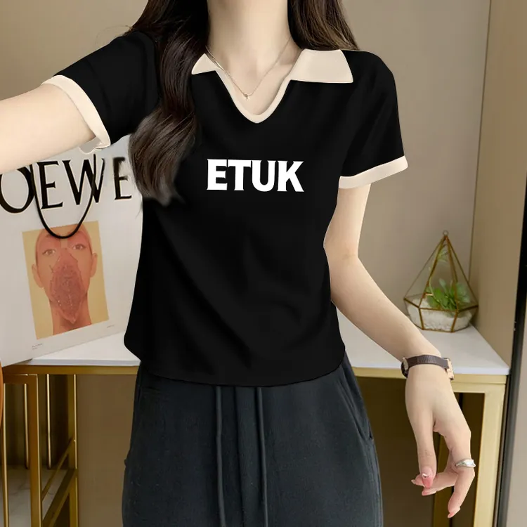 纯欲风辣妹修身显瘦短袖T恤女士夏季设计感撞色翻领印花套头上衣