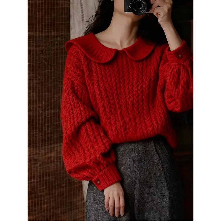 法式多巴胺翻领麻花毛衣开衫女2025秋冬新款高级软糯减龄针织外套