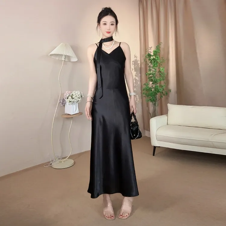 【送飘带】2025新款夏季法式醋酸缎面鱼尾连衣裙女士高级吊带长裙子