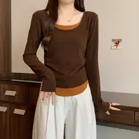{软糯}大码女装2025秋季新款撞色修身假两件圆领长袖T恤上衣