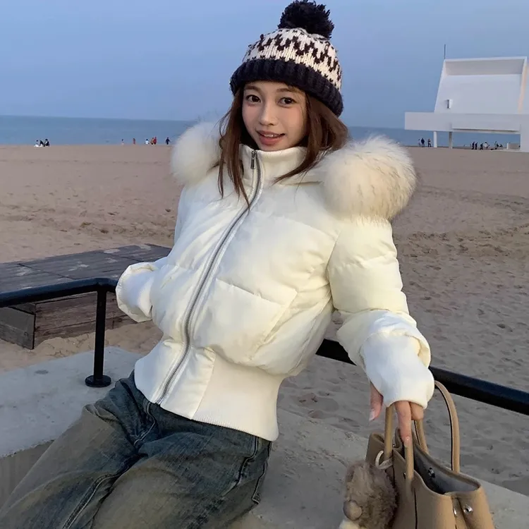 2025年冬季小个子棉服女大毛领加绒加厚短款百搭保暖白色立领外套