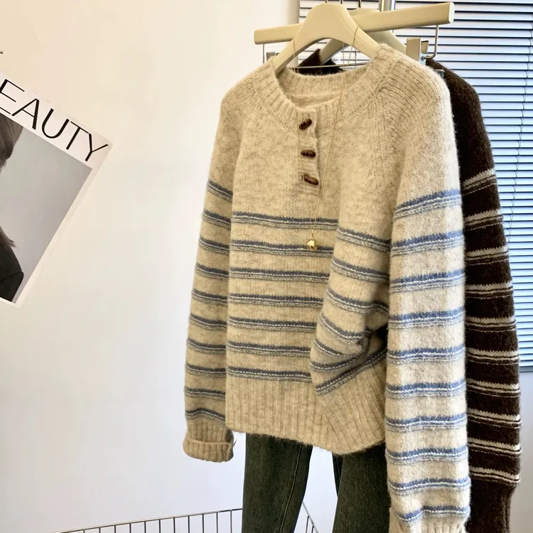 复古撞色条纹半开领针织开衫女秋冬季绵羊毛慵懒高级感马海毛毛衣